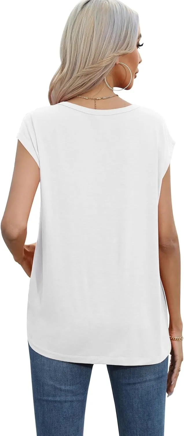 QUEZHU Cap Sleeve Tops for Women Casual Summer Trendy Basic Tee Shirts Solid Color Loose Fit T-Shirts
