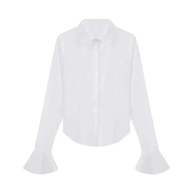 Sexy Slim Bandage Shirts Women Y2K Fashion Lapel Bell Sleeve White Blouses Female Korean Streetwear Spring Buttons Tops New