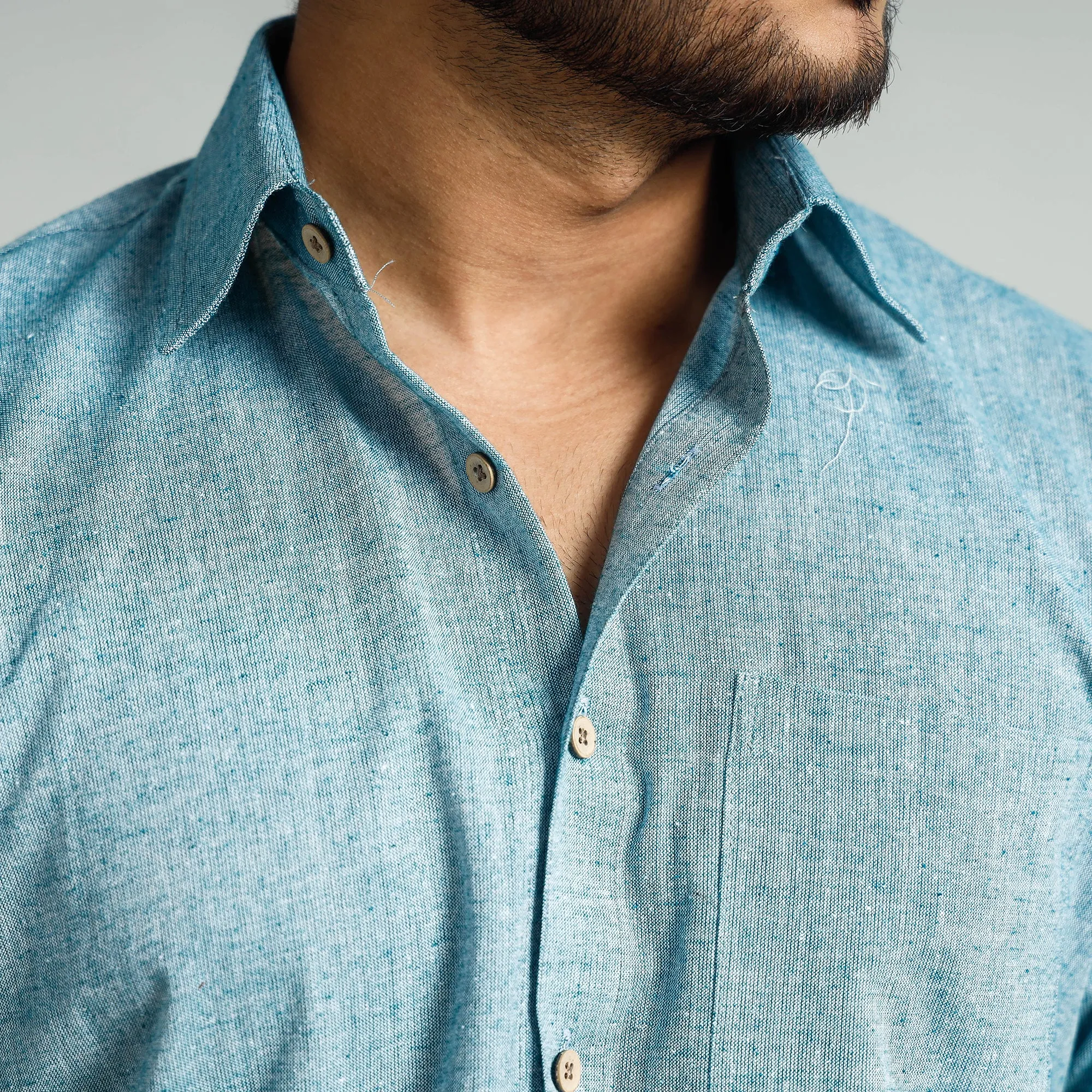 Sky Blue - Plain Handloom Cotton Men Half Sleeve Shirt