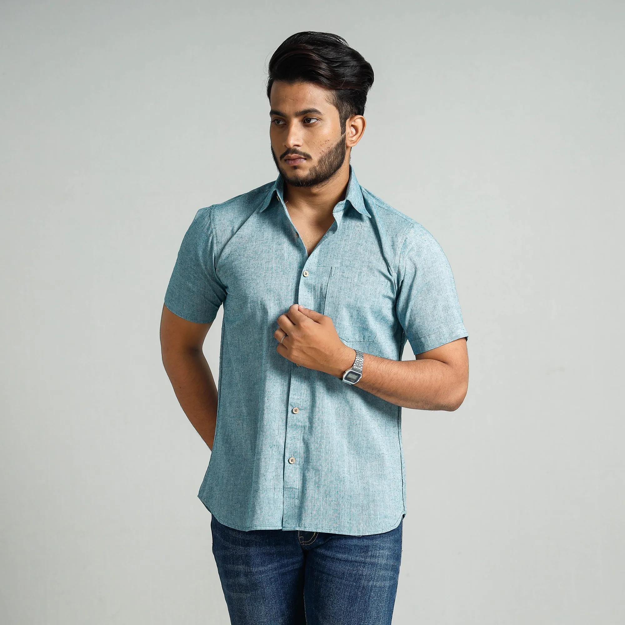 Sky Blue - Plain Handloom Cotton Men Half Sleeve Shirt