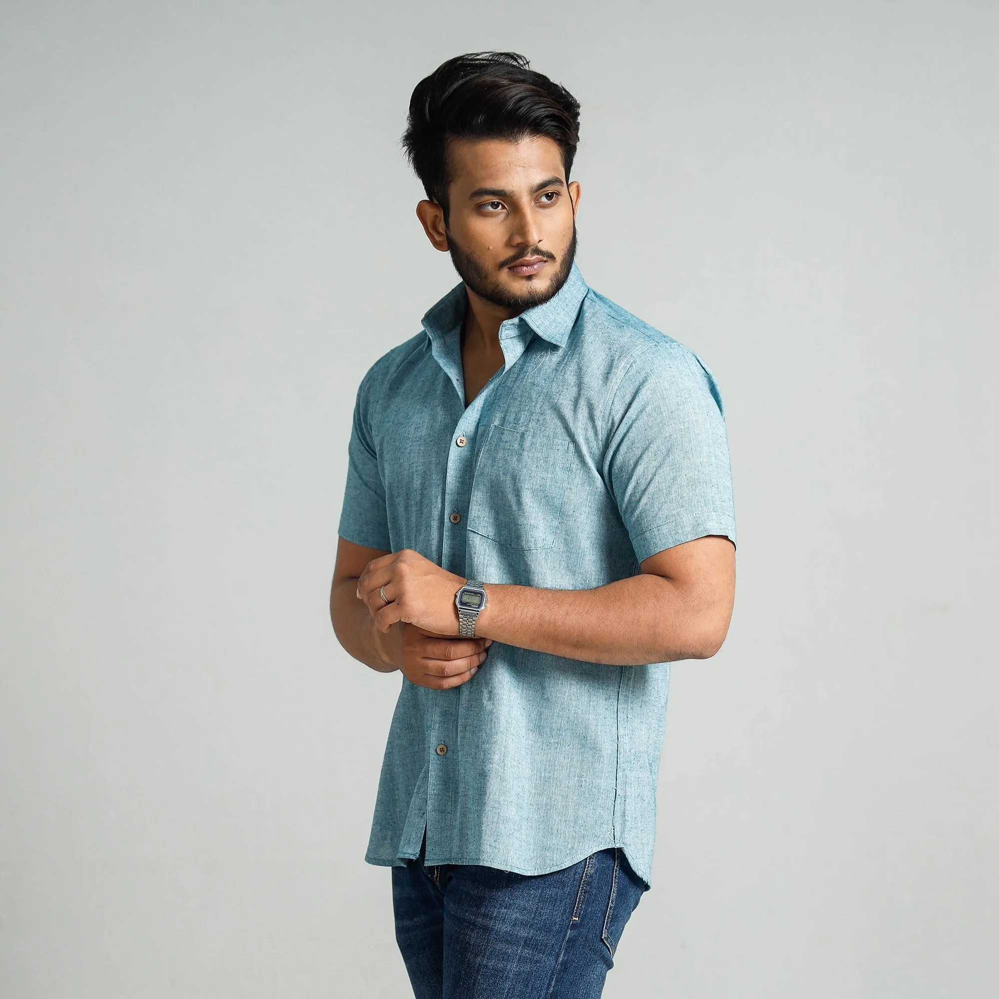 Sky Blue - Plain Handloom Cotton Men Half Sleeve Shirt