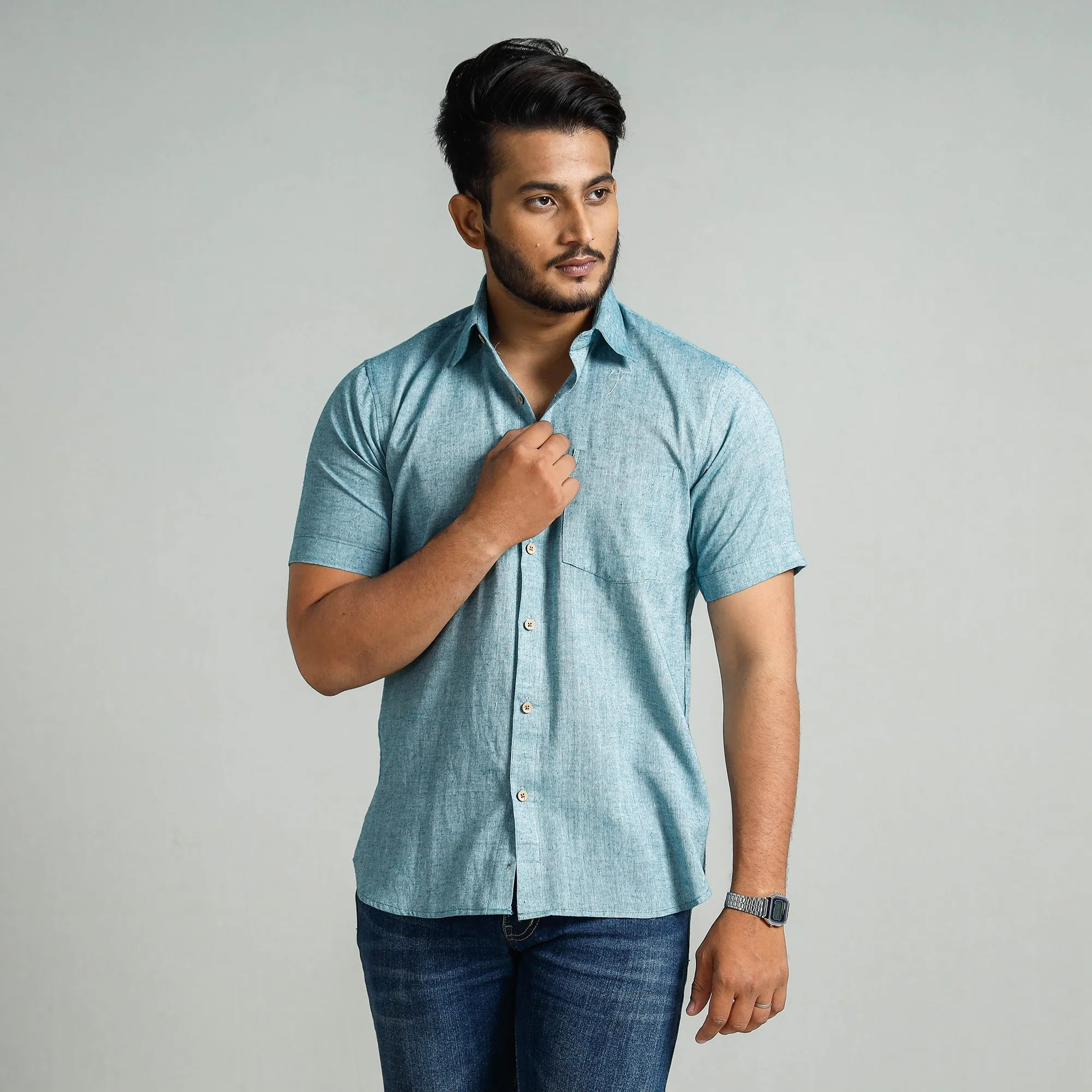 Sky Blue - Plain Handloom Cotton Men Half Sleeve Shirt