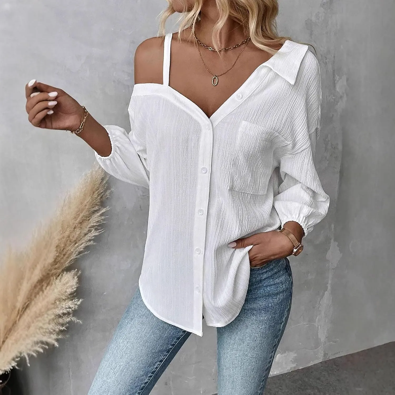 Spaghetti Straps One Shoulder Shirt for Women Button Down Open Loose Fit Solid Color Work Business Blouse Tops 2025