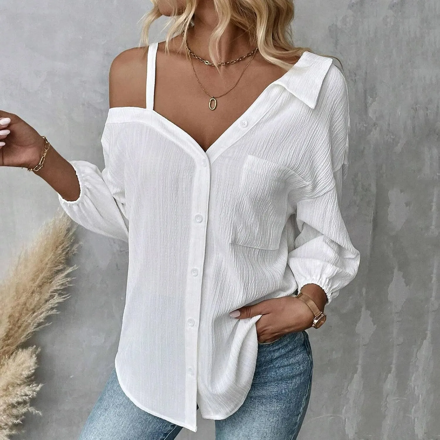 Spaghetti Straps One Shoulder Shirt for Women Button Down Open Loose Fit Solid Color Work Business Blouse Tops 2025