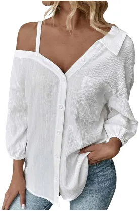 Spaghetti Straps One Shoulder Shirt for Women Button Down Open Loose Fit Solid Color Work Business Blouse Tops 2025