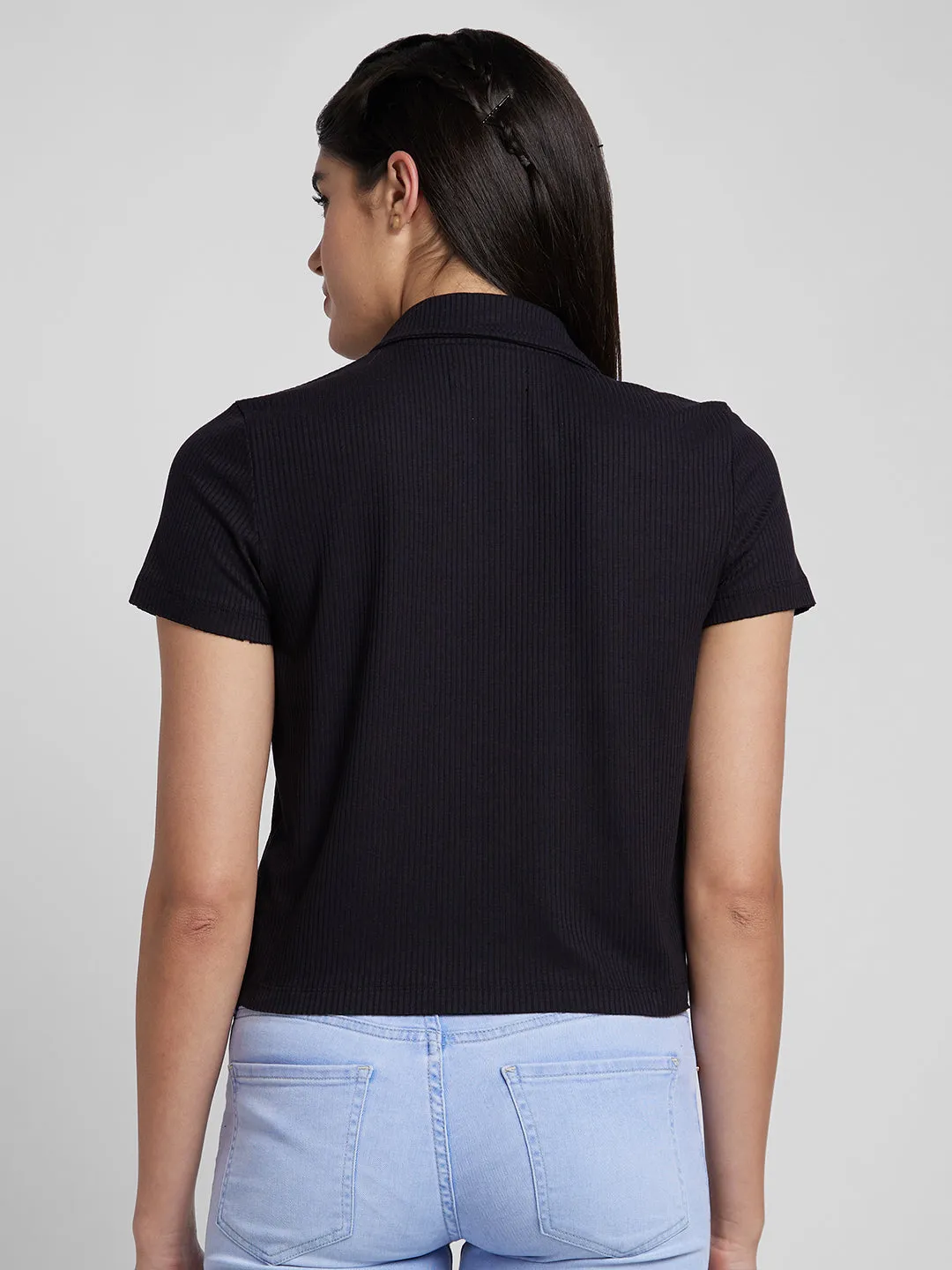 Spykar Black Blended Slim Fit Plain Polo Neck T-Shirts
