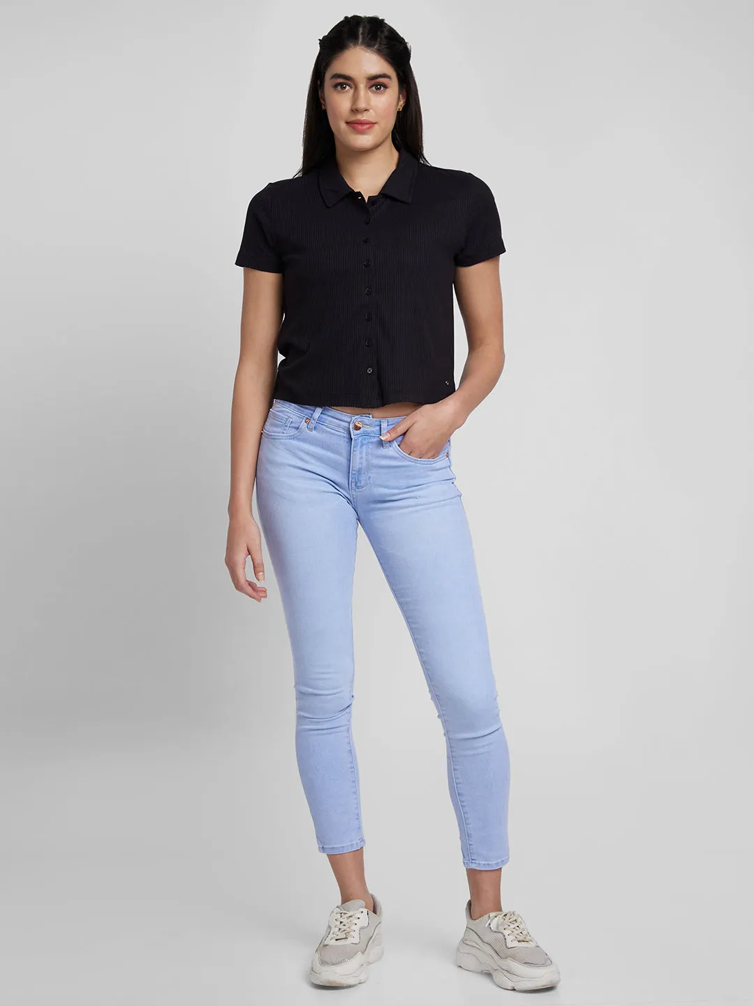 Spykar Black Blended Slim Fit Plain Polo Neck T-Shirts