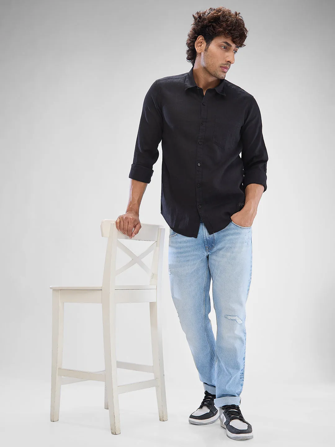 Spykar Black Linen Full Sleeve Raised Collar Shirt For Men