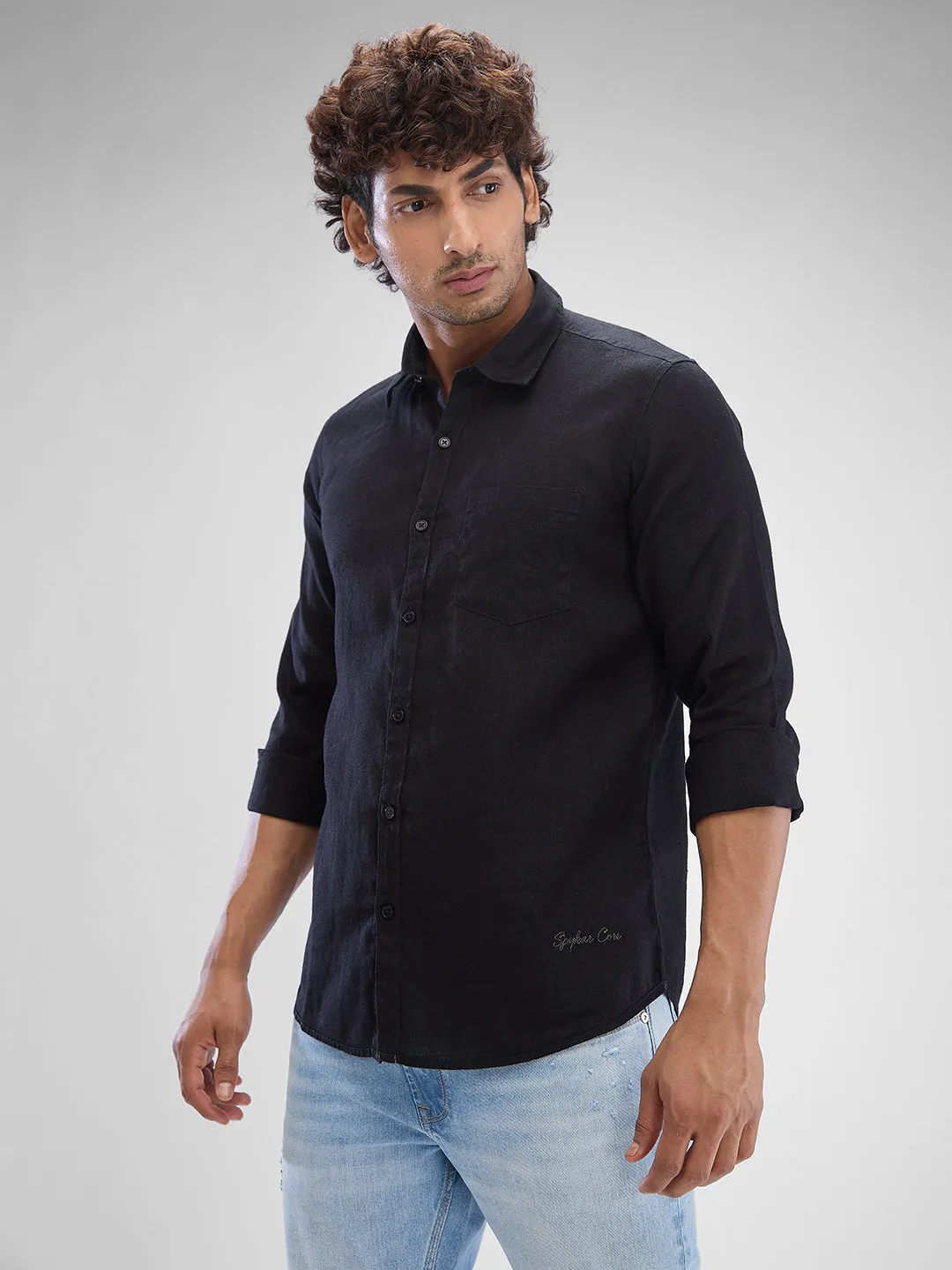 Spykar Black Linen Full Sleeve Raised Collar Shirt For Men