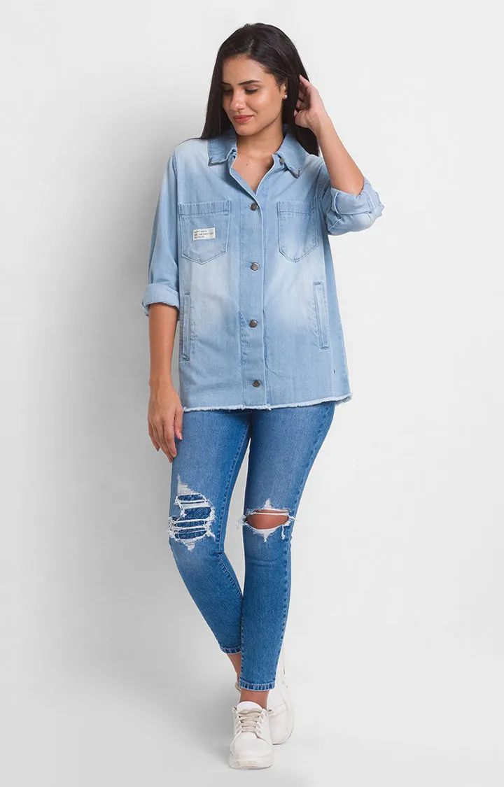 Spykar Ice Blue Cotton Full Sleeve Denim Shirts For Women