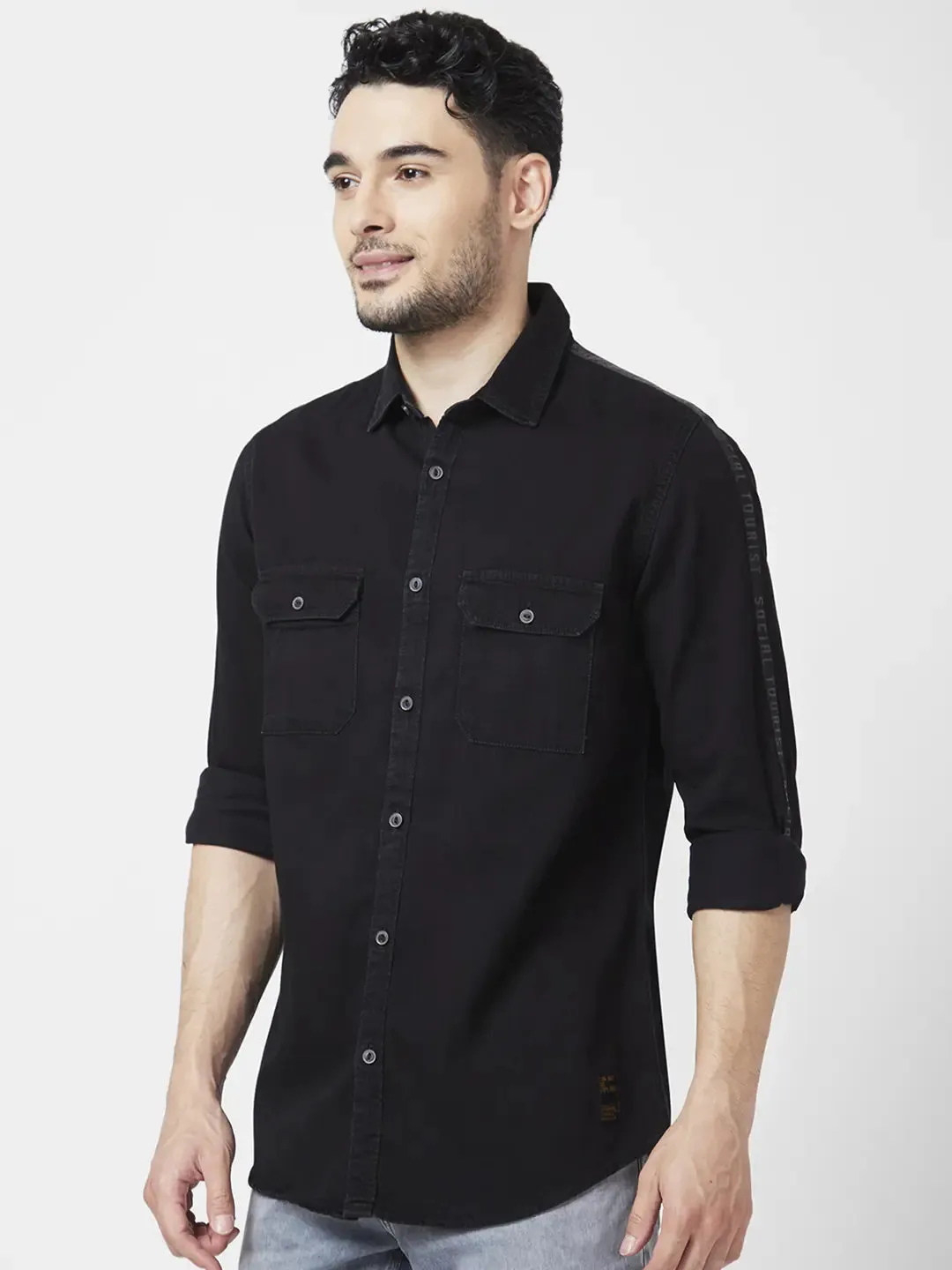 Spykar Men Black Cotton Regular Slim Fit Full Sleeve Denim Shirt