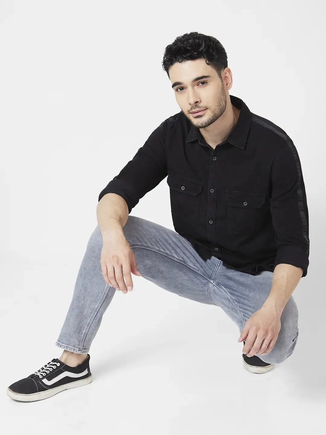 Spykar Men Black Cotton Regular Slim Fit Full Sleeve Denim Shirt