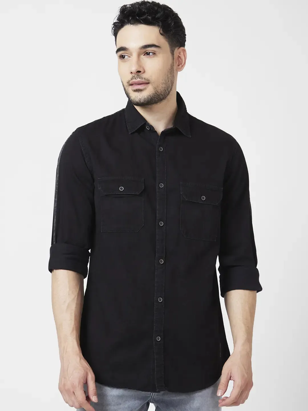 Spykar Men Black Cotton Regular Slim Fit Full Sleeve Denim Shirt