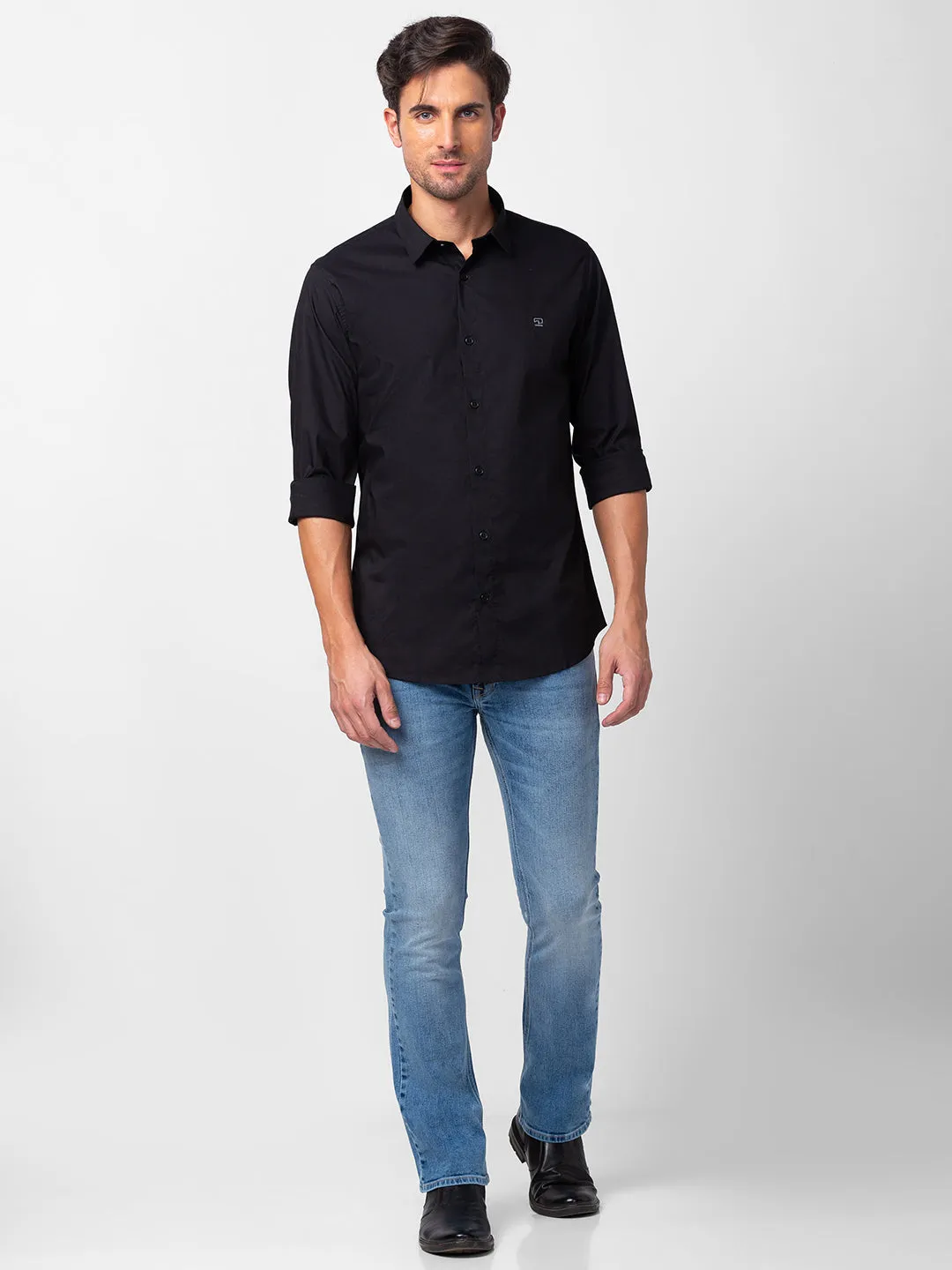 Spykar Men Black Cotton Slim Fit Plain Shirt