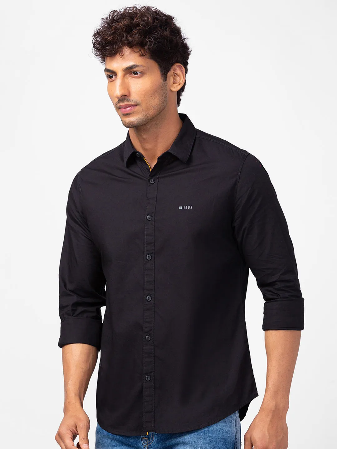 Spykar Men Black Cotton Slim Fit Plain Shirts