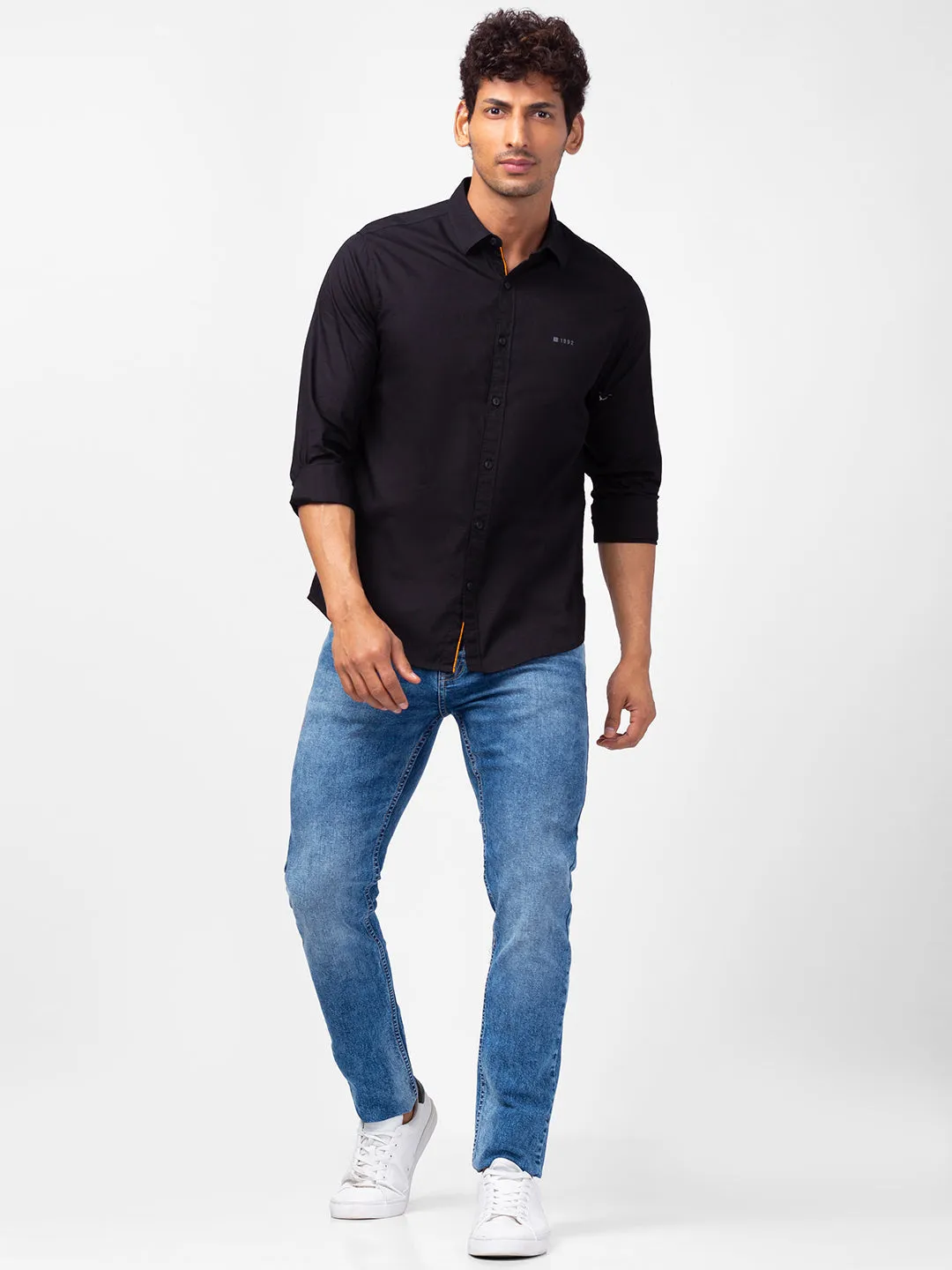 Spykar Men Black Cotton Slim Fit Plain Shirts