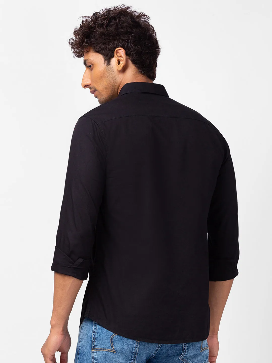 Spykar Men Black Cotton Slim Fit Plain Shirts