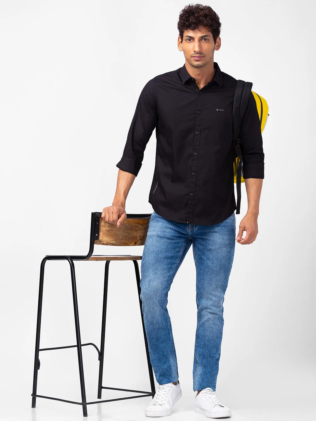 Spykar Men Black Cotton Slim Fit Plain Shirts
