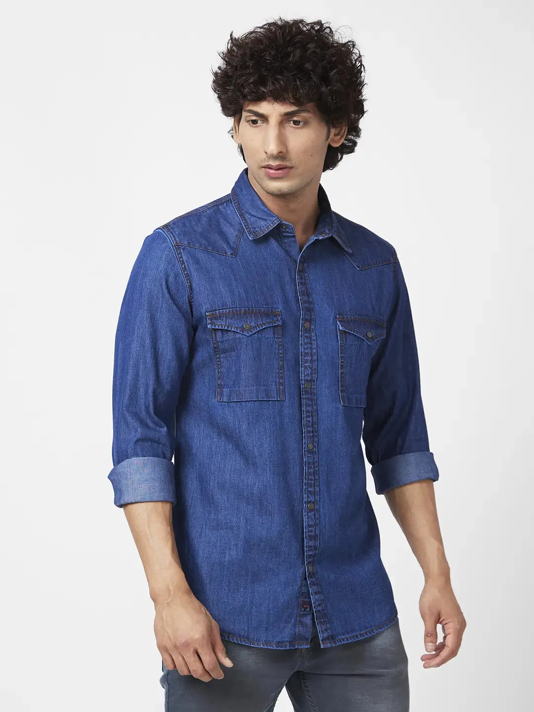Spykar Men Dark Blue Cotton Regular Slim Fit Full Sleeve Casual Denim Shirt