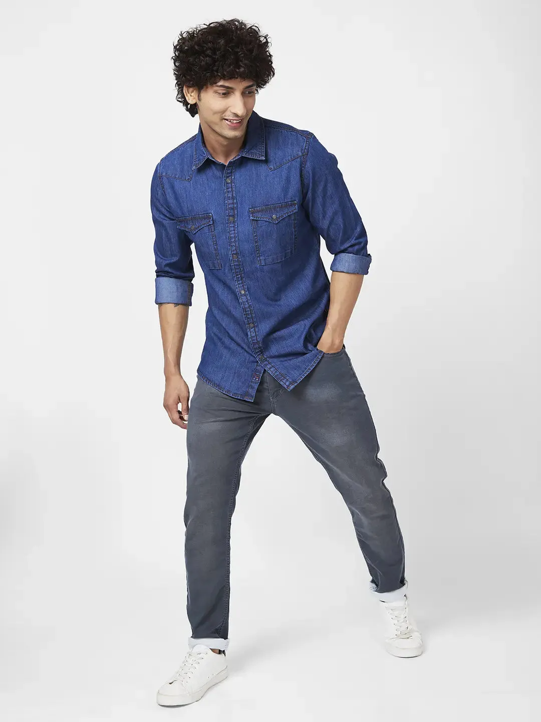 Spykar Men Dark Blue Cotton Regular Slim Fit Full Sleeve Casual Denim Shirt