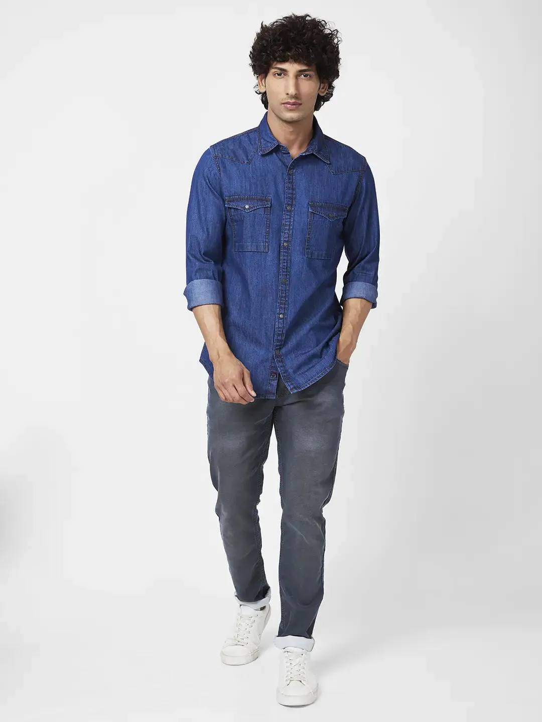 Spykar Men Dark Blue Cotton Regular Slim Fit Full Sleeve Casual Denim Shirt