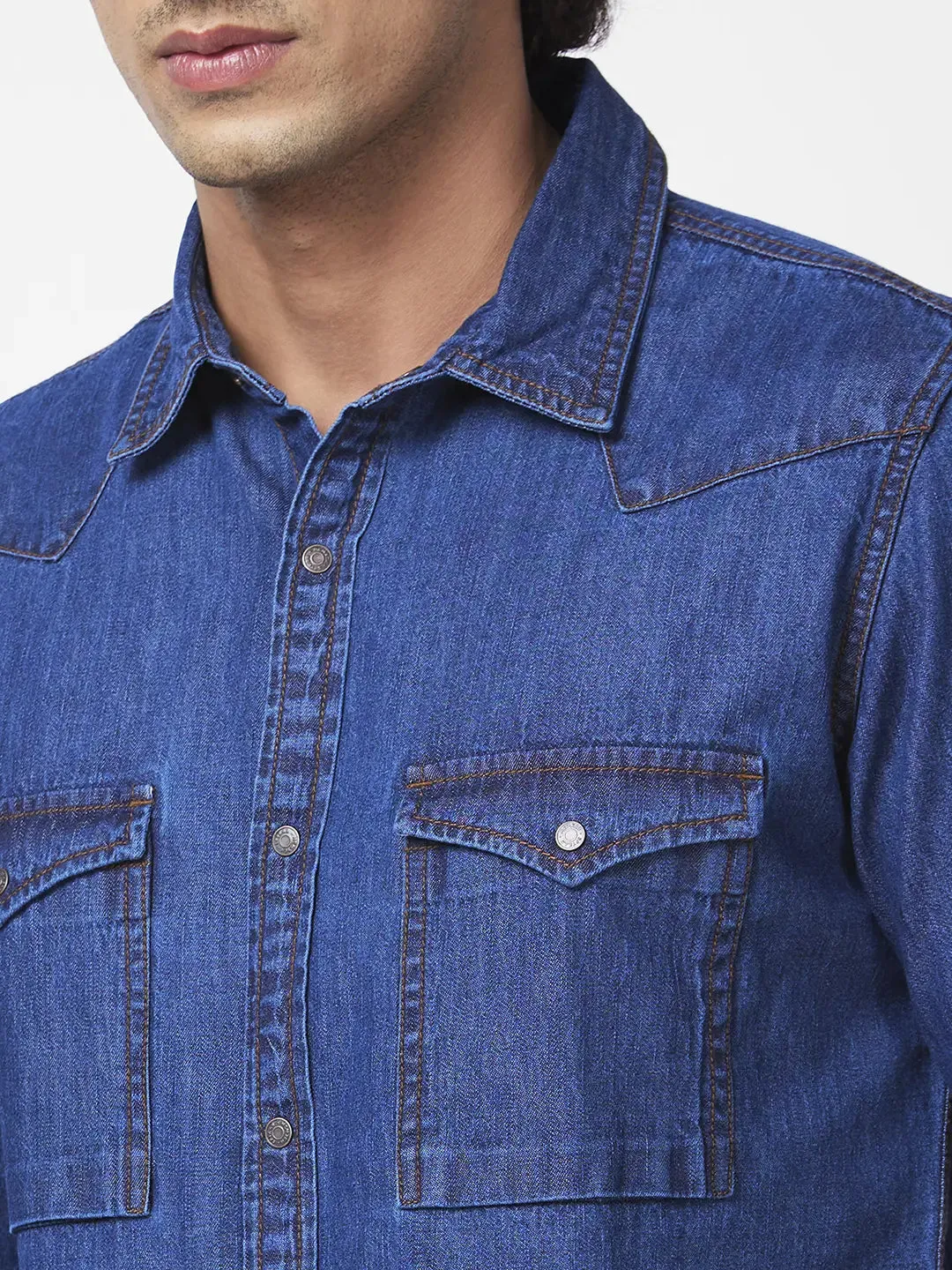 Spykar Men Dark Blue Cotton Regular Slim Fit Full Sleeve Casual Denim Shirt
