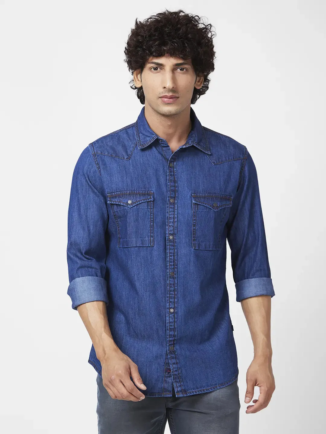 Spykar Men Dark Blue Cotton Regular Slim Fit Full Sleeve Casual Denim Shirt