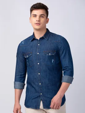 Spykar Men Dark Blue Cotton Slim Fit Denim Shirt