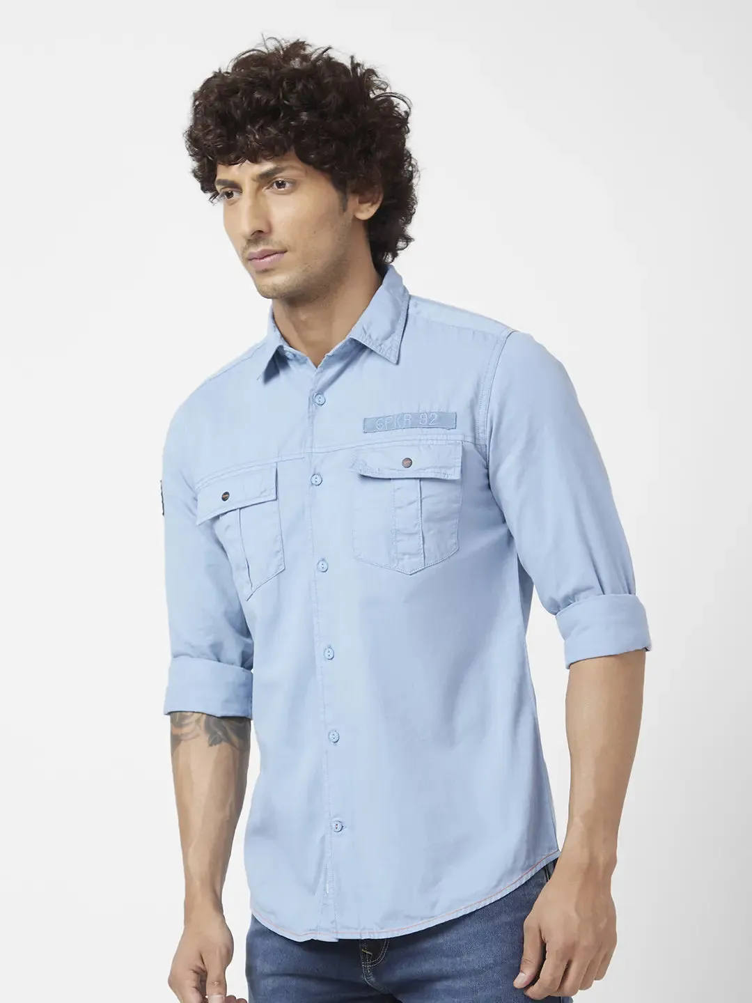 Spykar Men Haze Blue Twill Regular Slim Fit Full Sleeve Denim Shirt