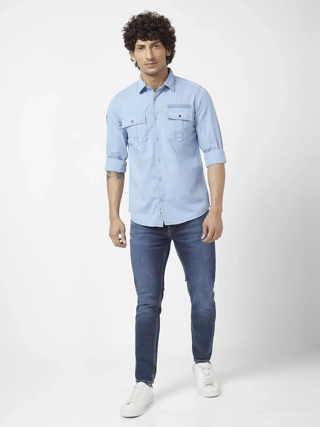 Spykar Men Haze Blue Twill Regular Slim Fit Full Sleeve Denim Shirt