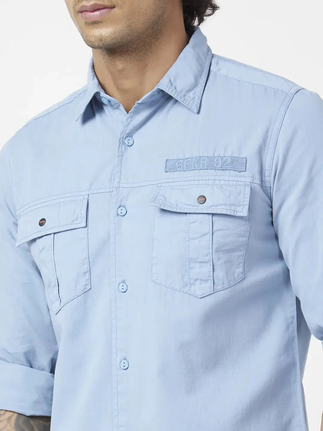 Spykar Men Haze Blue Twill Regular Slim Fit Full Sleeve Denim Shirt