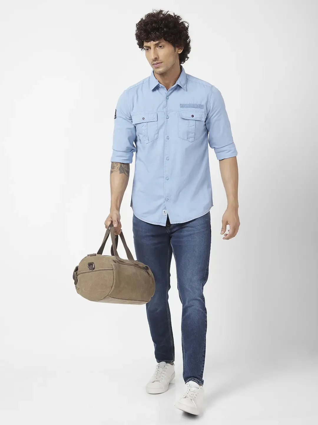 Spykar Men Haze Blue Twill Regular Slim Fit Full Sleeve Denim Shirt