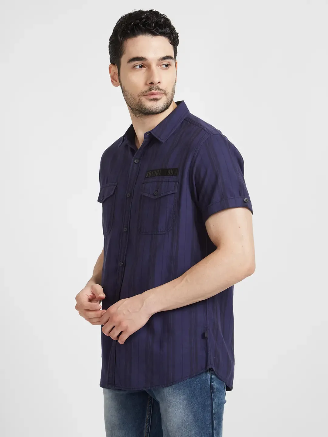 Spykar Men Indigo Blue Cotton Slim Fit Half Sleeve Denim Shirt