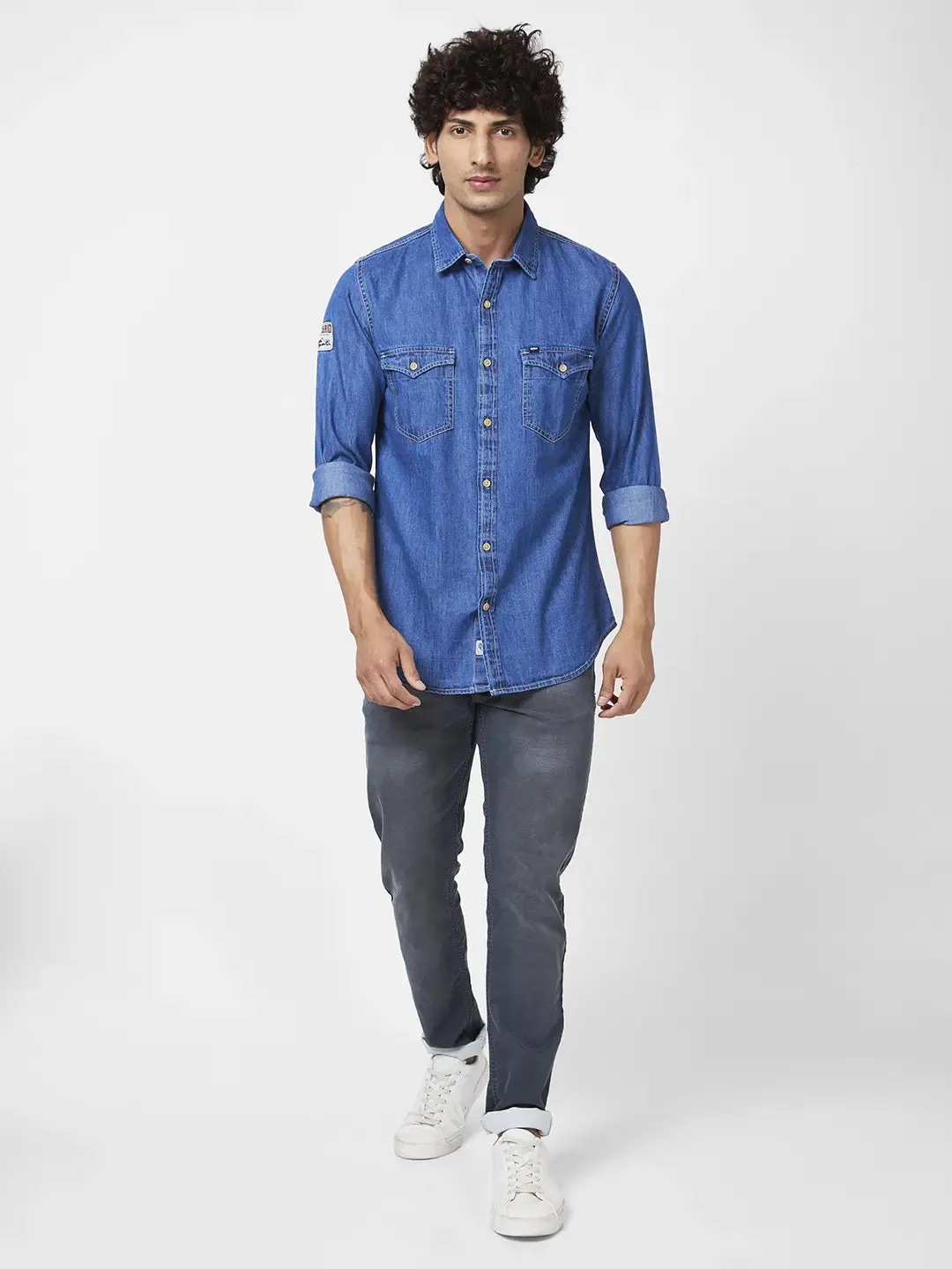 Spykar Men Mid Blue Cotton Regular Slim Fit Full Sleeve Casual Denim Shirt