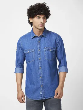 Spykar Men Mid Blue Cotton Regular Slim Fit Full Sleeve Casual Denim Shirt