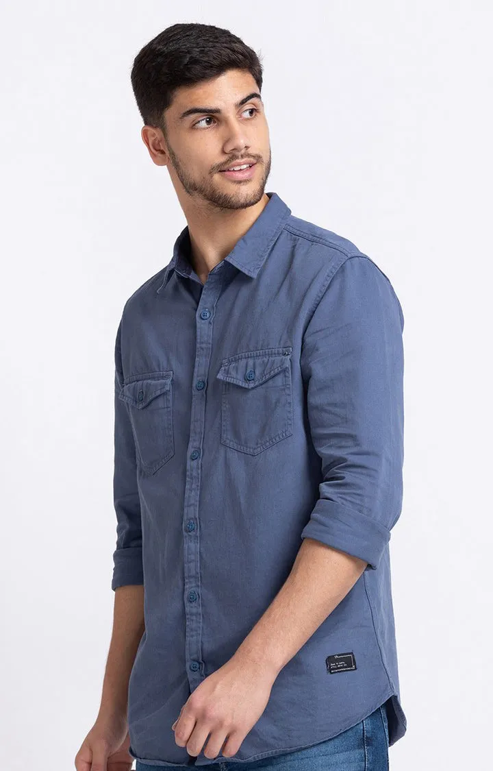 Spykar Men Navy Blue Cotton Slim Fit Full Sleeve Plain Cargo Shirt