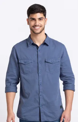 Spykar Men Navy Blue Cotton Slim Fit Full Sleeve Plain Cargo Shirt
