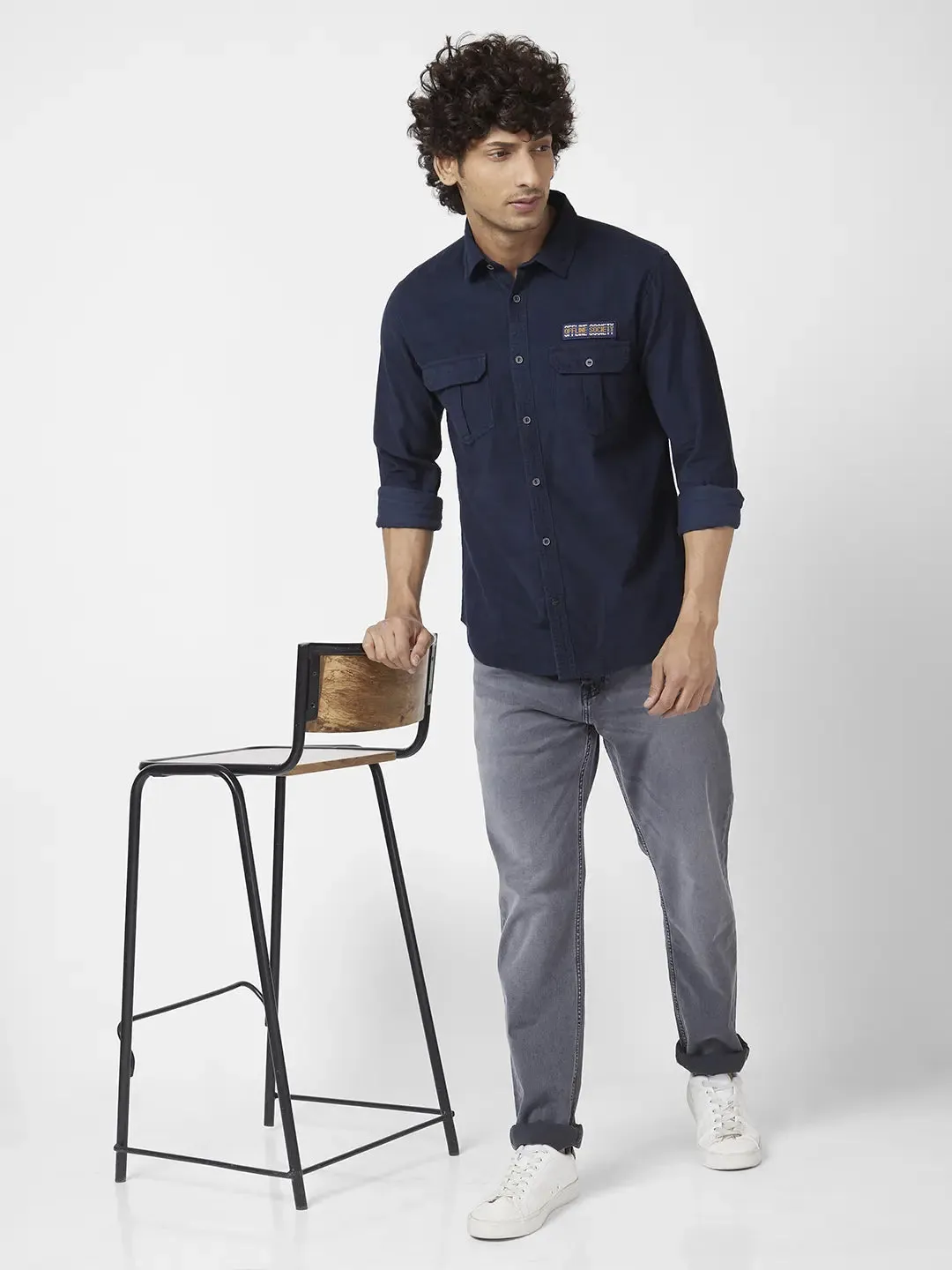 Spykar Men Navy Blue Dyed Regular Slim Fit Full Sleeve Denim Shirt