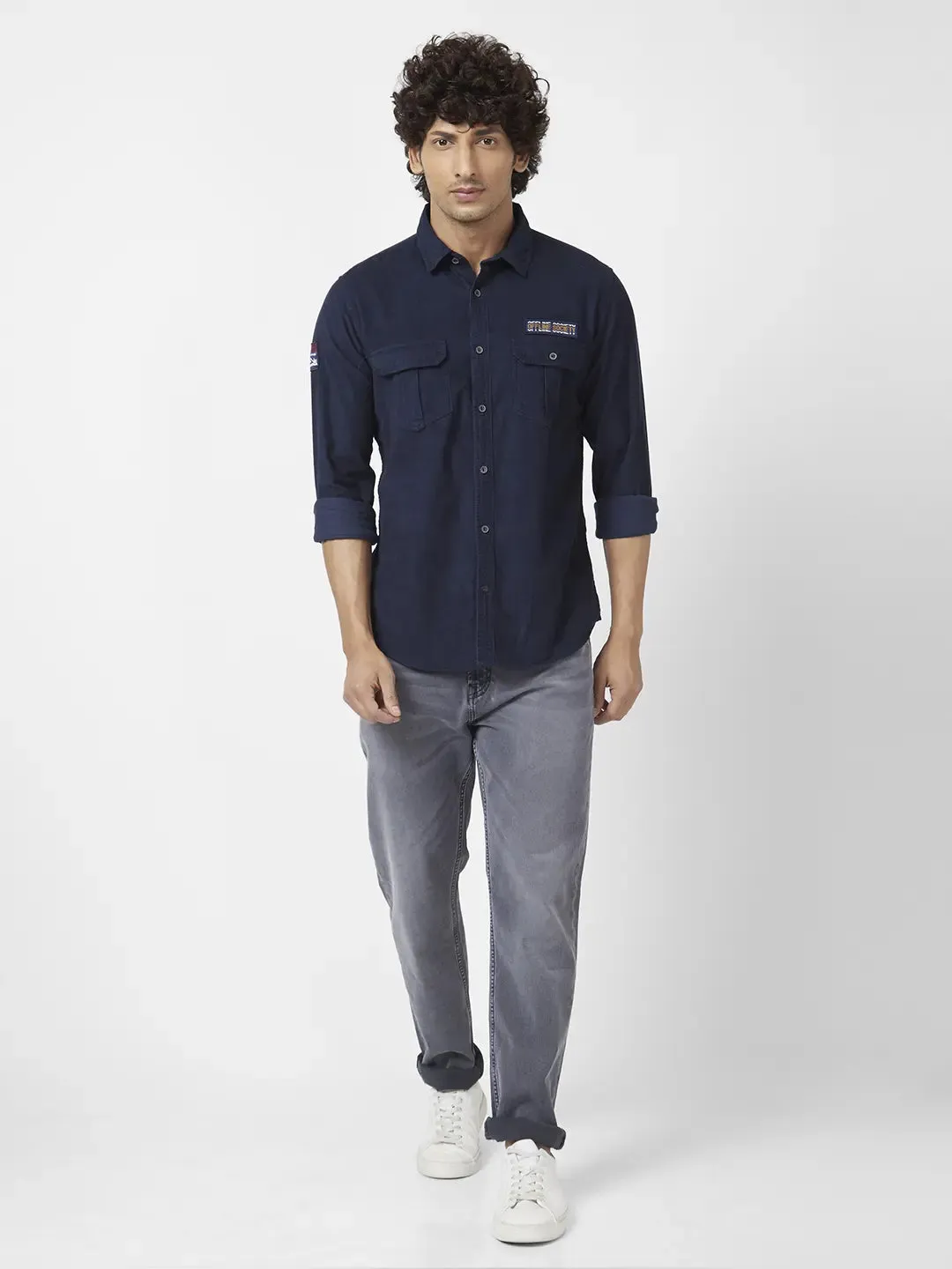 Spykar Men Navy Blue Dyed Regular Slim Fit Full Sleeve Denim Shirt