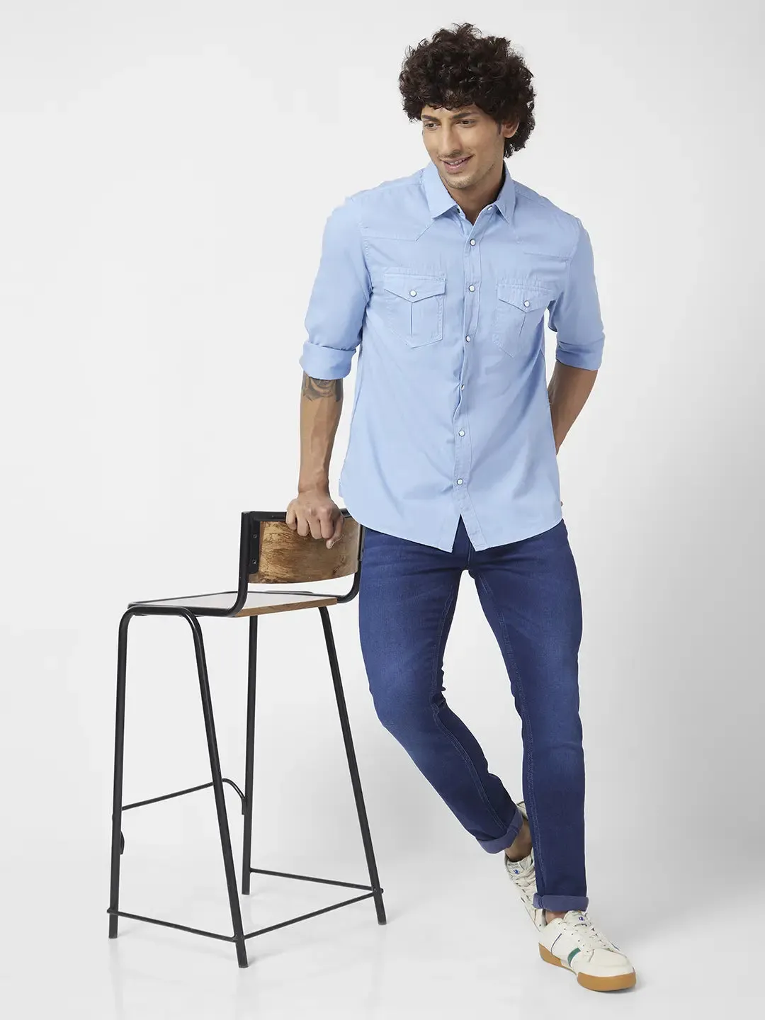 Spykar Men Powder Blue Twill Slim Fit Full Sleeve Denim Shirt