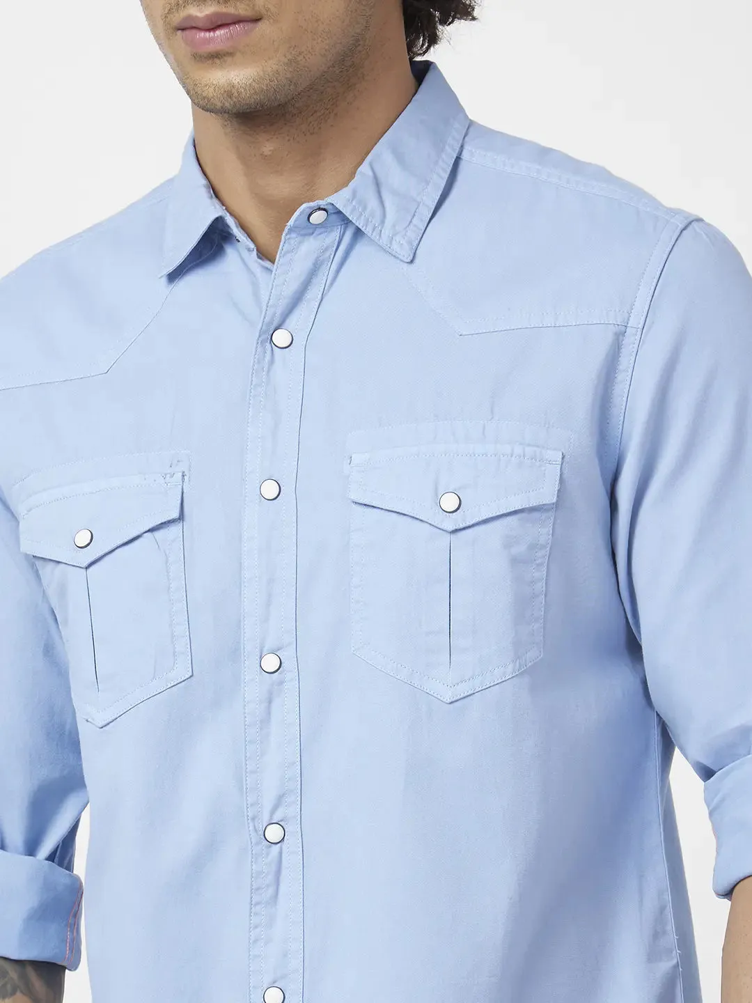 Spykar Men Powder Blue Twill Slim Fit Full Sleeve Denim Shirt