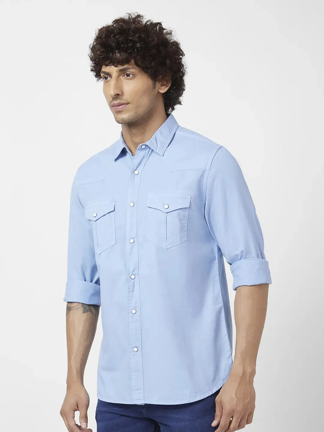 Spykar Men Powder Blue Twill Slim Fit Full Sleeve Denim Shirt