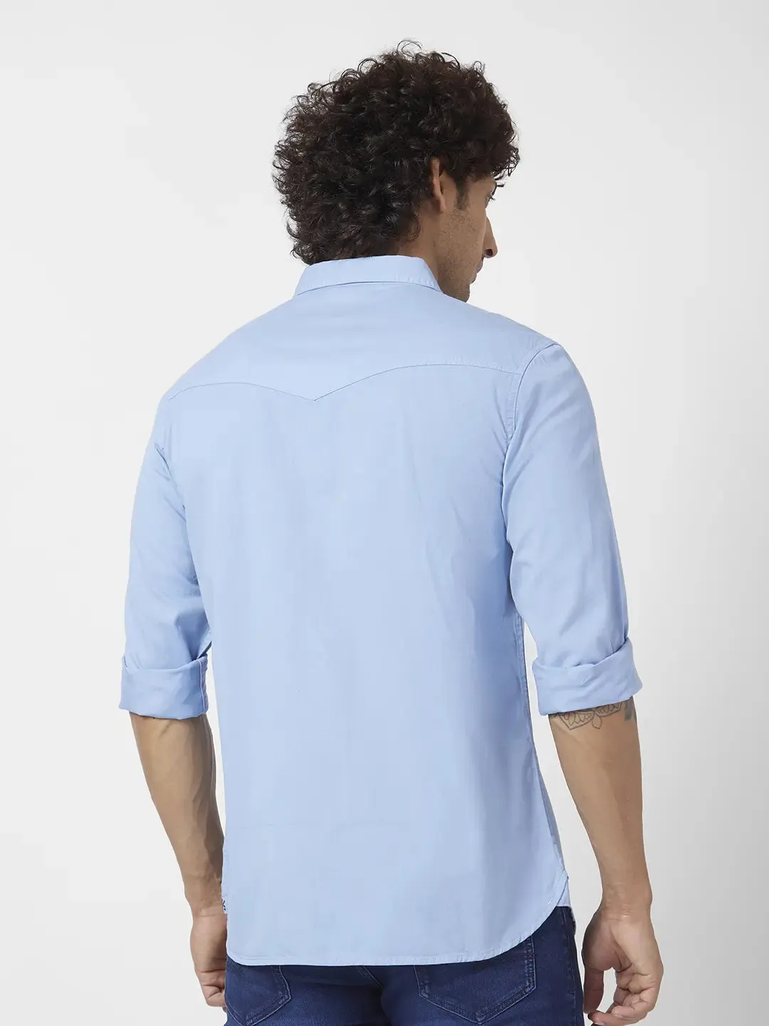 Spykar Men Powder Blue Twill Slim Fit Full Sleeve Denim Shirt