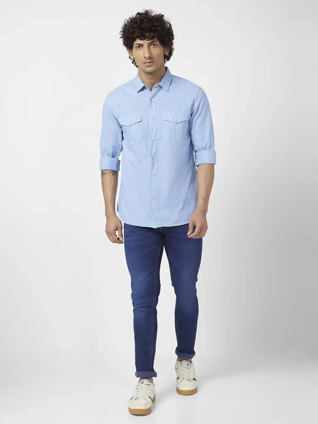 Spykar Men Powder Blue Twill Slim Fit Full Sleeve Denim Shirt