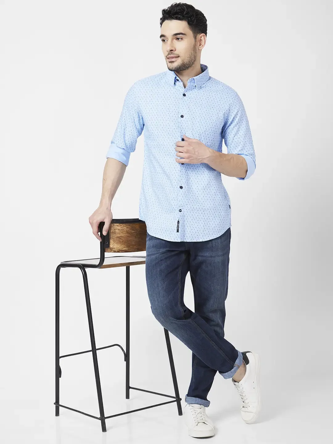 Spykar Men Sky Blue Cotton Regular Slim Fit Full Sleeve Plain Shirt