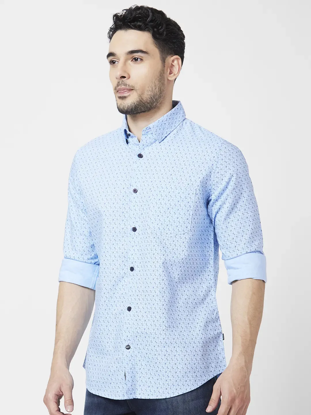Spykar Men Sky Blue Cotton Regular Slim Fit Full Sleeve Plain Shirt