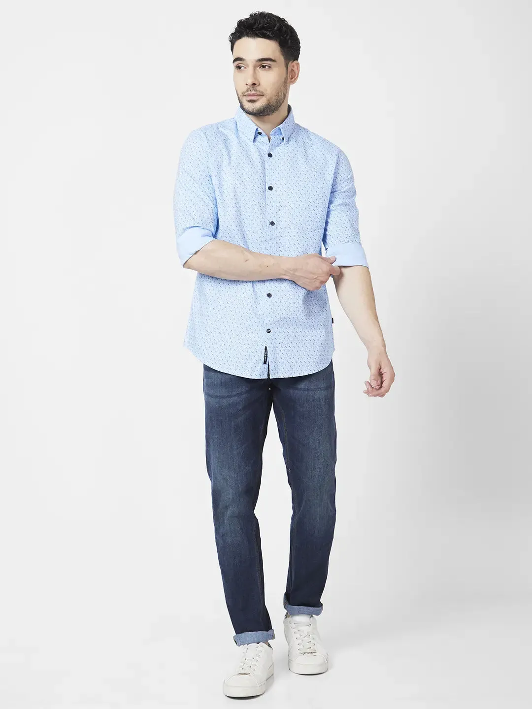 Spykar Men Sky Blue Cotton Regular Slim Fit Full Sleeve Plain Shirt