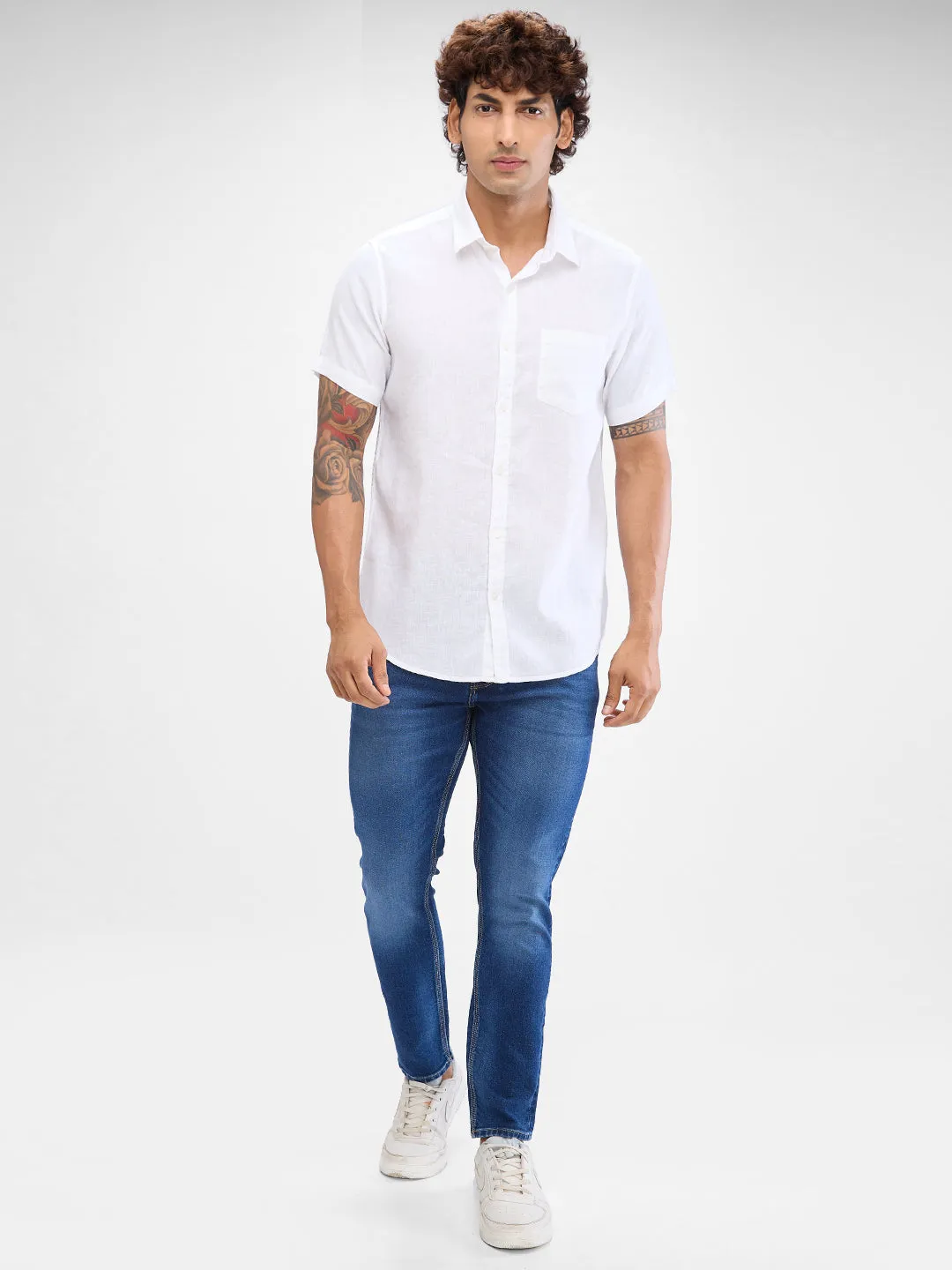 Spykar White Linen Half Sleeve Raised Collar Shirt For Men