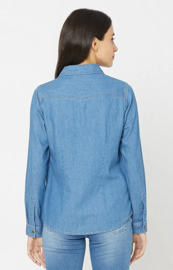 Spykar Women Blue Cotton Slim Fit Denim Shirts