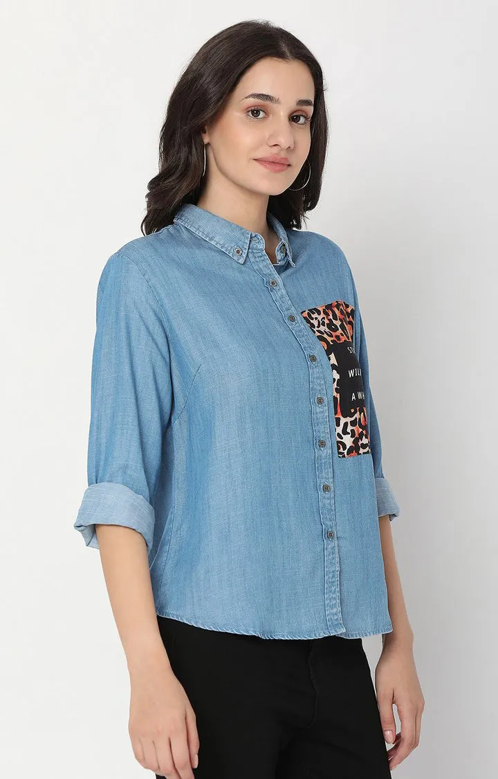 Spykar Women Ice Blue Cotton Full Sleeve Denim Shirts